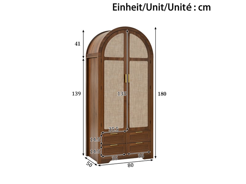  Armoire 80 x 50 x 180 cm avec portes galbées en rotin, penderie et 4 tiroirs, mdf coloris noyer  - Conforama C