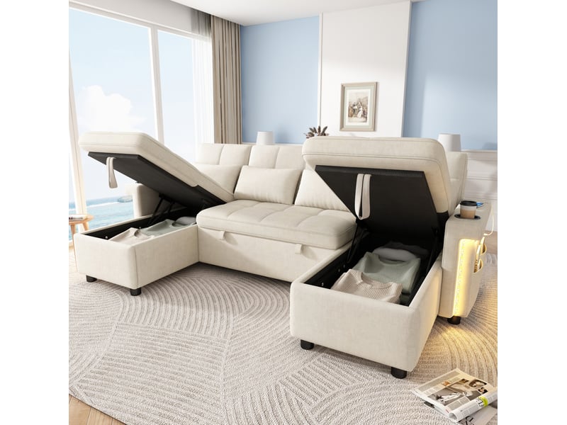Canapé d'angle en u convertible 4 places avec rangement, led, en chenille beige - Conforama C
