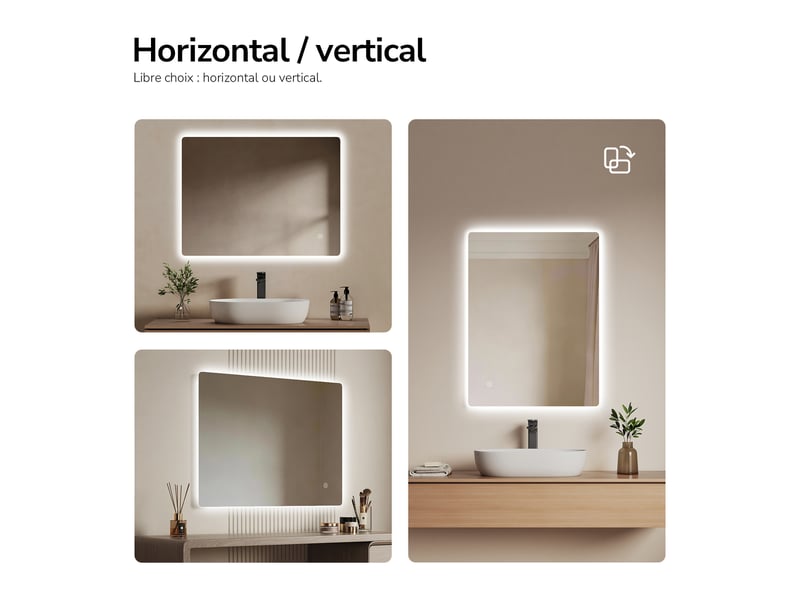  Emke miroir led salle de bain rétroéclairé 60 x 80 cm, interrupteur tactile, intensité réglable, fonction mémoire, blanc froid  - Conforama E