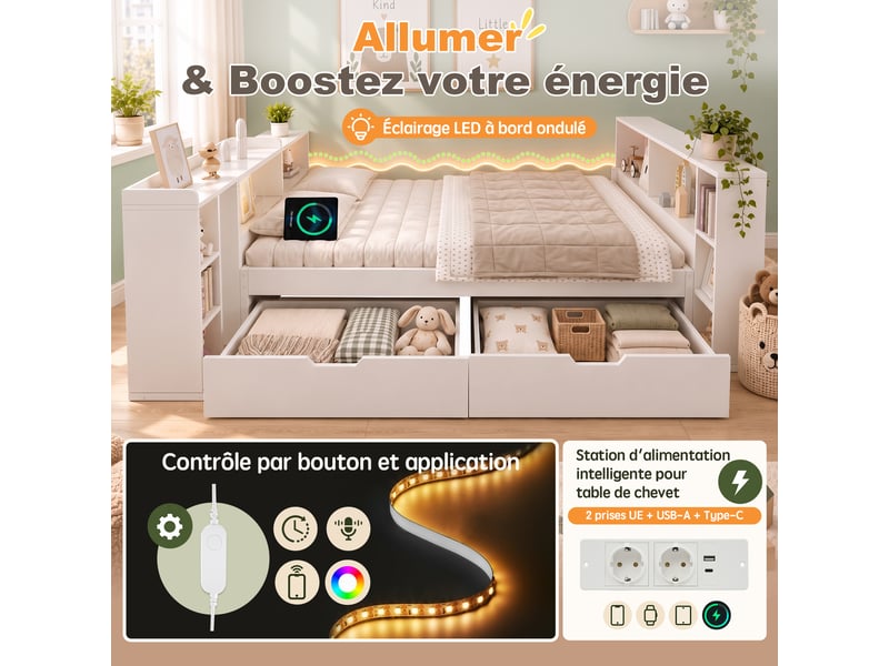 Canapé-lit 90x200cm - avec 2 tiroirs - avec éclairage led et prises de recharge - avec bureau extensible - blanc (matelas non inclus) - Conforama W