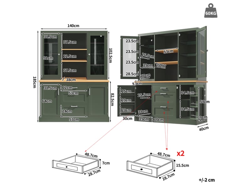  Buffet de cuisine led via appli 140x40x185 cm, 3 tiroirs, étagères réglables, plan de travail - mdf - vert BUYDEEMEUS - Conforama C