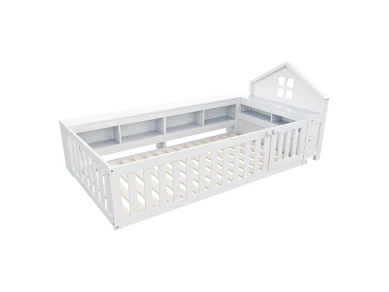  Lit enfant 90x200 cm, lit au sol avec rangements, porte et protection de sécurité, en bois, blanc, sans matelas  - Conforama E