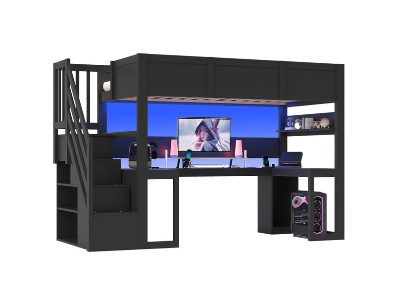 Lit mezzanine gaming 90x200 cm noir avec bureau, rangements, led et usb, en mdf et contreplaqué, sans matelas - Conforama A