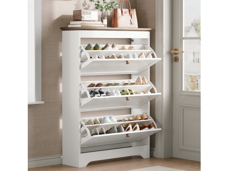  Meuble à chaussures avec 3 abattants amortis et plateau de rangement pour entrée, en mdf blanc, 87 × 26 × 120 cm  - Conforama D