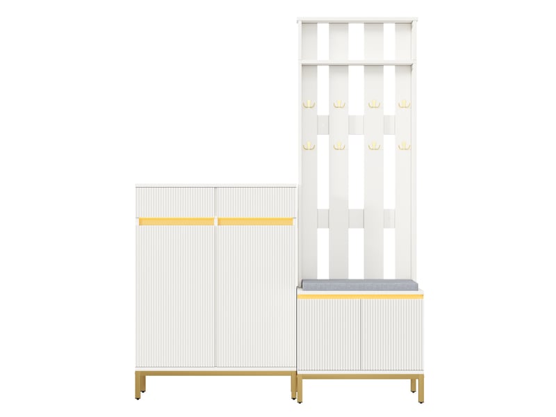  Meuble d'entrée avec meuble à chaussures, banc, patères, rangement et led pour entrée, blanc  - Conforama A