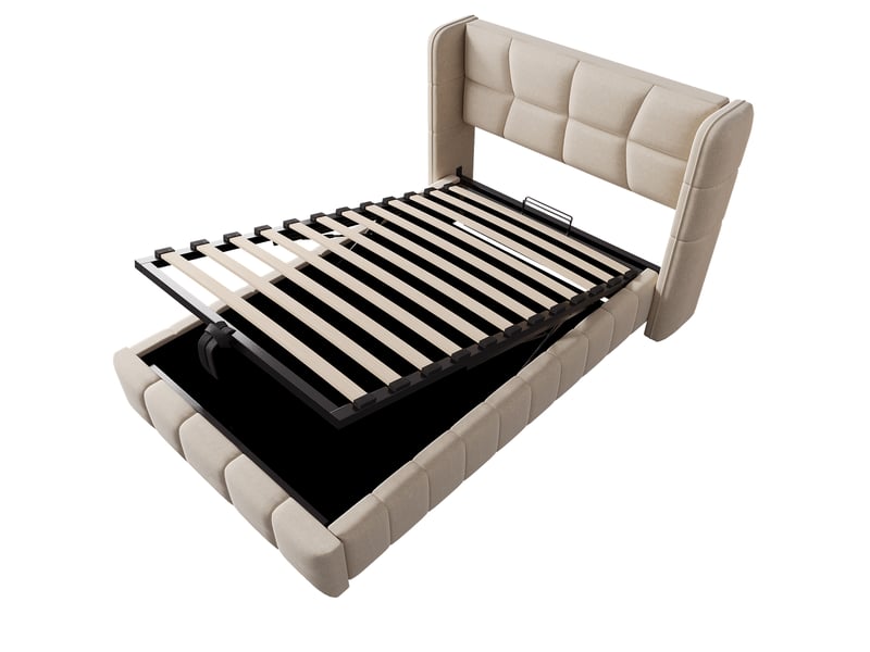  Lit coffre 90x200 cm avec rangement hydraulique et tête de lit rangement, lit simple avec sommier à lattes en tissu beige  - Conforama R