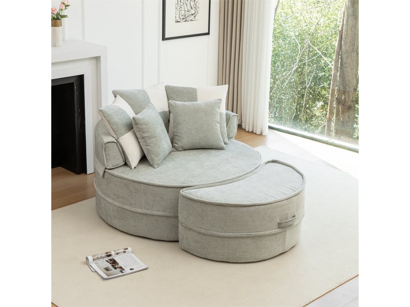 Canapé rond avec 5 coussins et repose-pieds - 163x121x66cm - fauteuil lounge en chenille douce sans structure - vert menthe  - Conforama D
