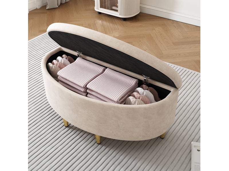  Banc coffre 90x40x42 cm en velours beige avec pieds en métal  - Conforama E