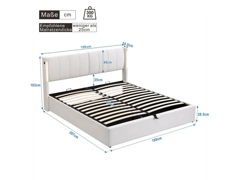  Lit double 180 x 200 cm avec rangement hydraulique, led, usb et tête réglable, blanc  - Conforama C