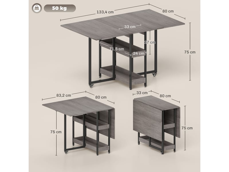  Table de salle à manger pliante de style industriel, pour 4 personnes maximum, étagères ouvertes, modulable, métal et panneaux de particules, grise  - Conforama E