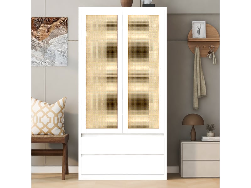 Armoire à deux portes 90 × 50 × 170 cm – avec 2 tiroirs – portes en rotin – blanc  - Conforama E