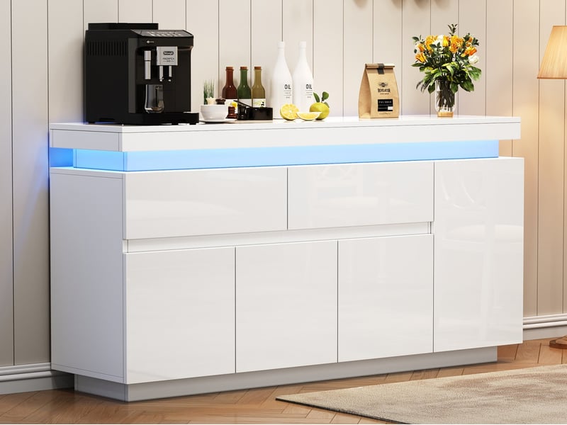  Buffet bas de cuisine salon, meuble de rangement, avec 2 tiroirs, 4 portes et led, 140 x 35 x 72,5 cm, blanc  - Conforama B