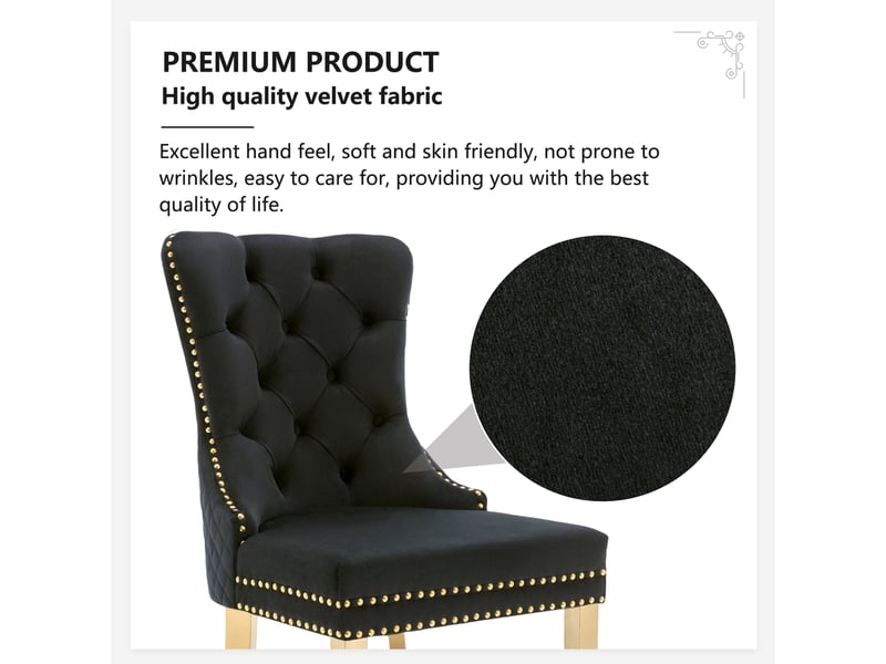  Ensemble de 4 chaises salle à manger velours noir – anneau décoratif, pieds inox doré, design moderne  - Conforama E