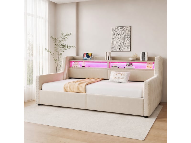  Canapé-lit 90 x 200 cm beige avec rangement hydraulique, led, étagère, prises et sommier à lattes  - Conforama B
