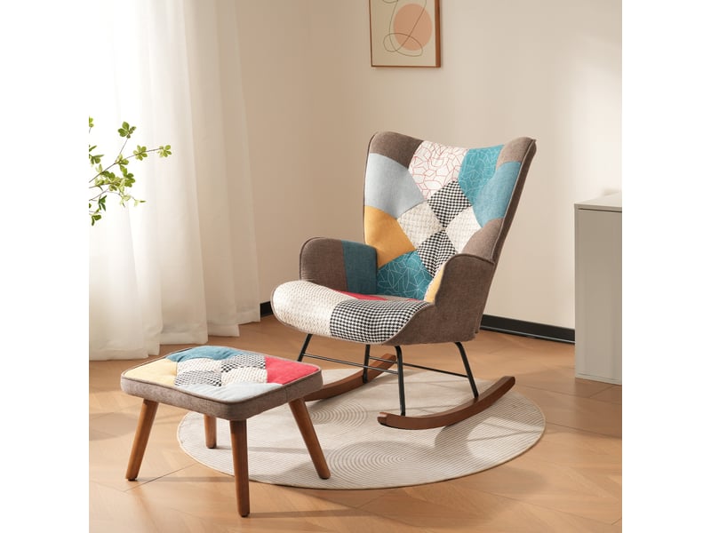 Fauteuil à bascule avec repose-pieds fauteuil de relaxation scandinave rembourré fauteuil de lecture salon pieds en bois  - Conforama B
