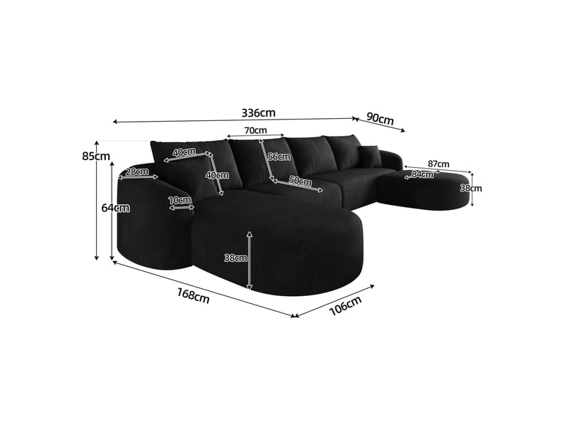 Canapé d’angle panoramique en u 6 places en chenille noire 336x168x85 cm - Conforama C