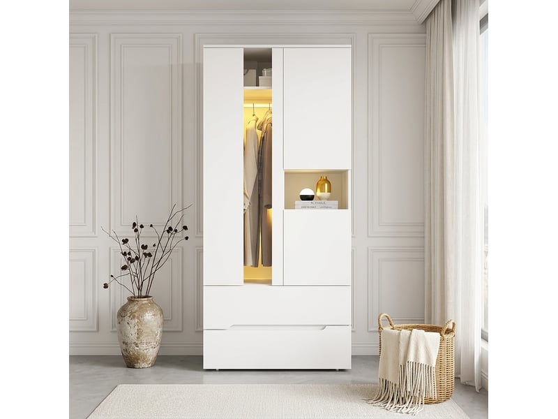  Armoire 3 portes blanche avec led, 1 tringle, 6 compartiments et 2 tiroirs, pour chambre et bureau  - Conforama E