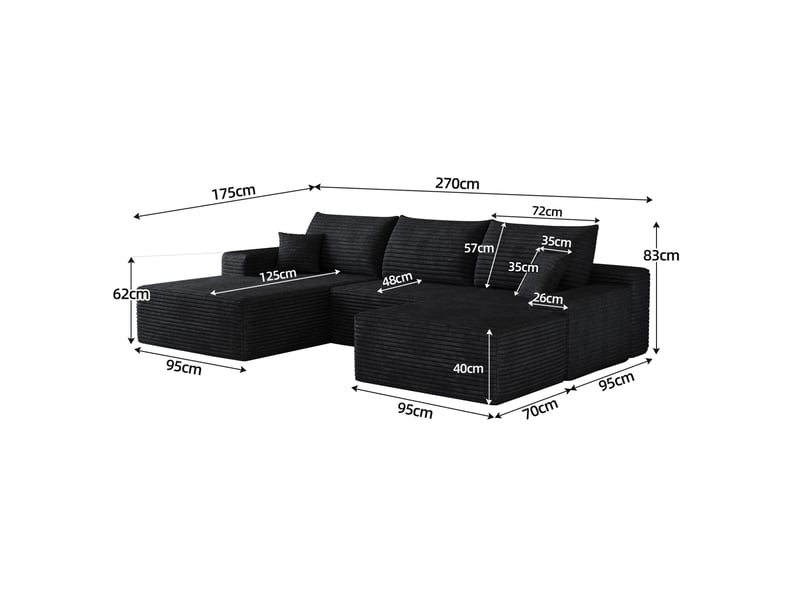  Canapé d’angle 4 places 270 cm avec méridienne en velours côtelé noir  - Conforama C