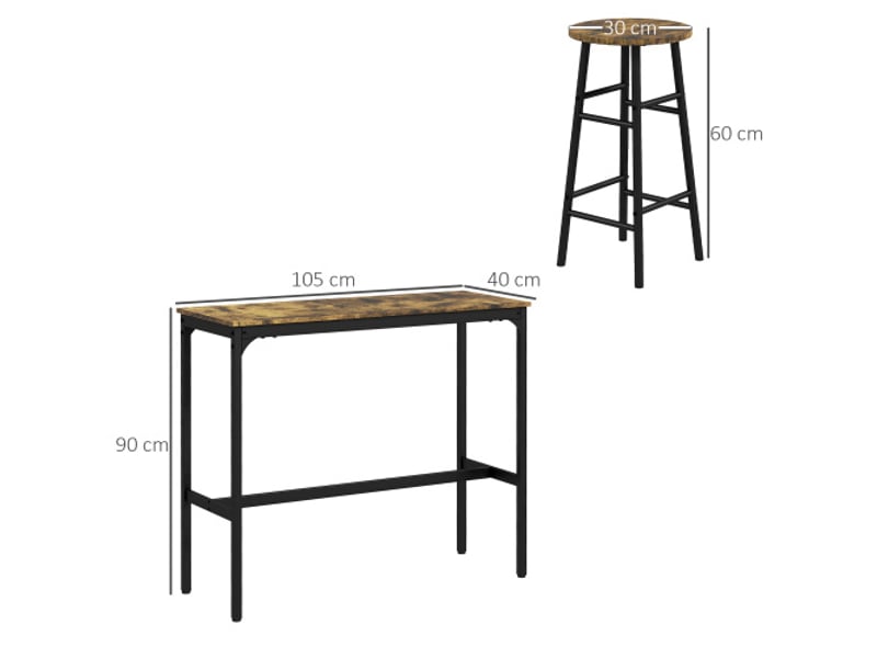  Table de bar 3 pièces avec 2 tabourets – ensemble industriel pour salle à mangercuisine, acier brun rustique  - Conforama C