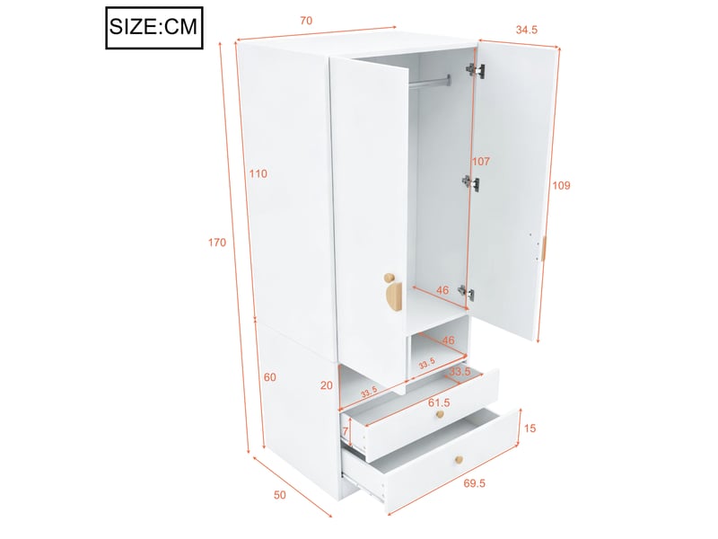  Armoire,70x50x170 cm,2 portes, 2 tiroirs avec rangement,mdf,blanc  - Conforama C