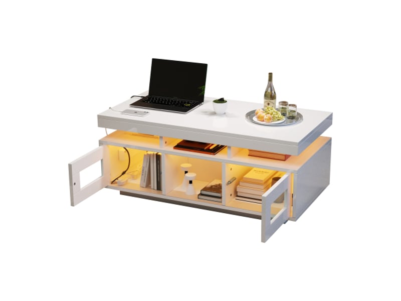  Table basse blanche 100x50x43 cm, leds contrôlables par app, rangement avec port usb - idéale salon et bureau  - Conforama A