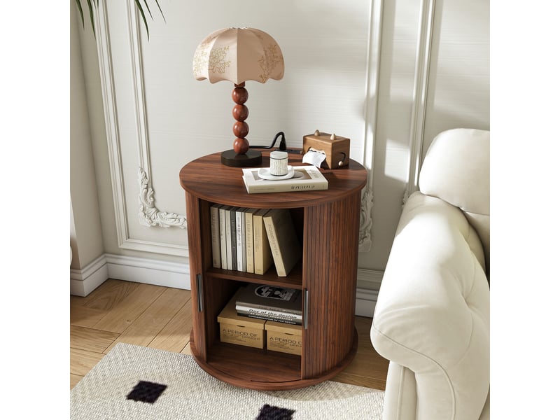  Table de chevet - 60x60x60cm - bout de canapé cylindrique mid-century en mdf avec station de charge - noyer - marron  - Conforama D