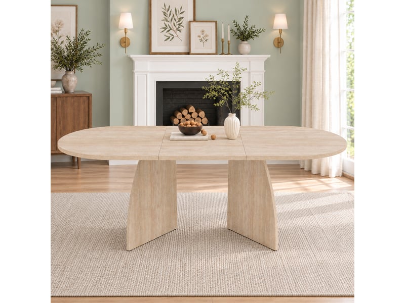  Table extensible 150 à 200x90 cm pour 6 à 8 personnes, table à manger moderne avec plateau renforcé et angles arrondis, effet travertin Seren Glow - Conforama D