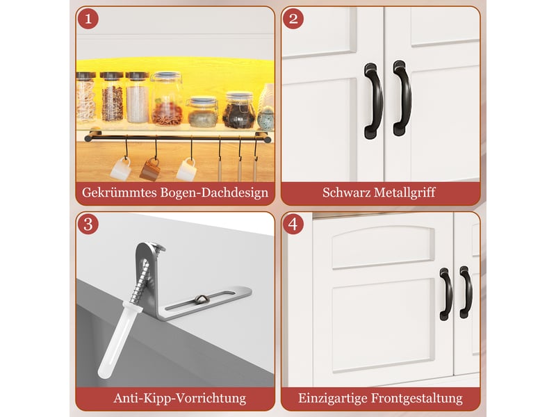  Lot de 2 buffets hauts de cuisine 203x40x174 cm, plans de travail, led rgb via application, étagères réglables, 12 crochets, 6 niches latérales, blanc  - Conforama D