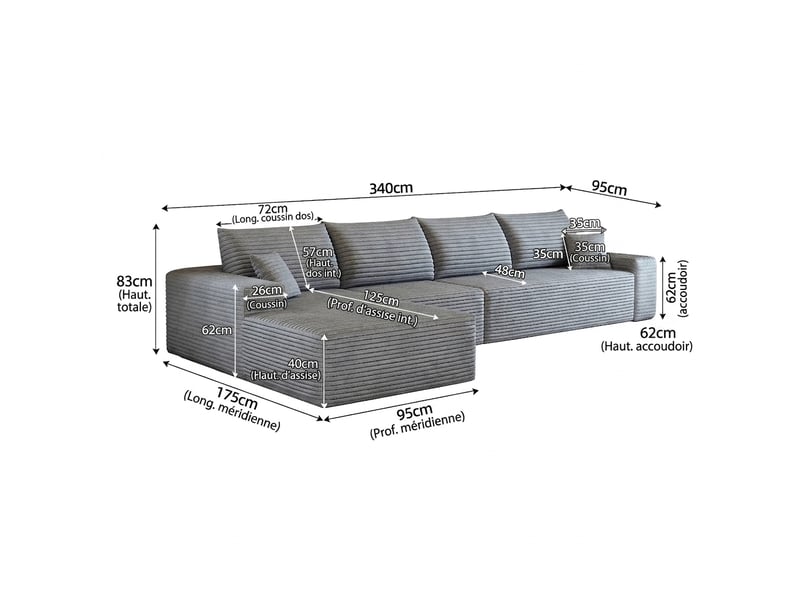  Canapé d'angle modulaire avec méridienne en l 340 cm velours côtelé gris sans montage  - Conforama C