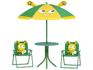 Ensemble de mobilier de jardin pour enfants, chaises, table, parasol, motif abeille, vert et jaune