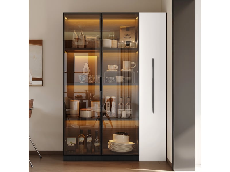 Vitrine 110,5x35x160 cm avec Porte en Verre, Éclairage LED, Tiroir Latéral Coulissant, Meuble Haut de Rangement Moderne - Blanc et Noir Fay Lum - Conforama E