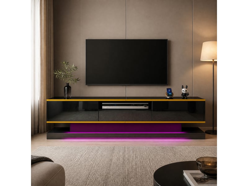  Meuble tv avec 3 tiroirs, led multicolore et finition laquée pour salon, en panneau de particules, noir et or, 180×38×45 cm  - Conforama C