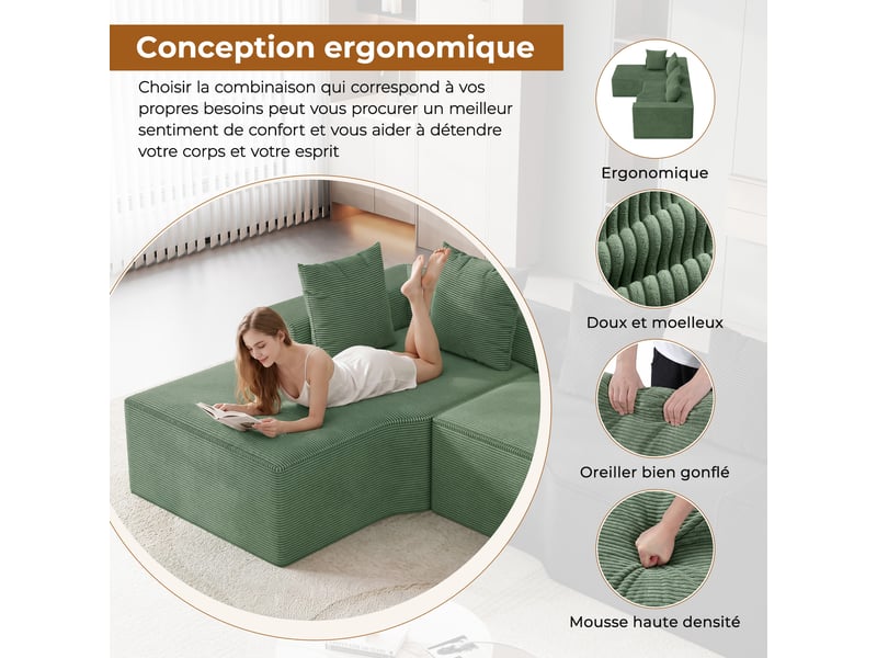  Canapé d'angle gauche modulaire 3 places compressé en velours côtelé,mousse haute densité,sans assemblage,canapé de salon,270x152x59cm,vert 270x152x59CM - Conforama R