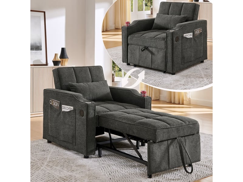  Fauteuil convertible 1 place - 190x85x86 cm - fauteuil 3-en-1 avec ports usb type-c et porte-gobelet - gris foncé  - Conforama B