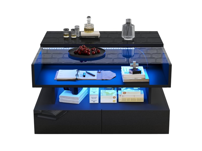  Table basse carrée relevable 80x45 cm, rangement, table d'appoint, led et 2 tiroirs, hauteur réglable, aggloméré, noir  - Conforama A