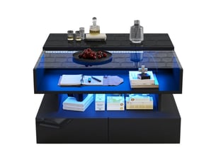 Table basse carrée relevable 80x45 cm, rangement, table d'appoint, led et 2 tiroirs, hauteur réglable, aggloméré, noir