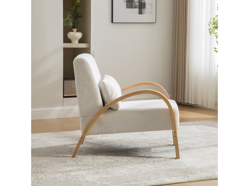  Fauteuil 70,5 x 82,5 x 80,5 cm –  accoudoirs courbés en bois massif – tissu chenille - ivoire  - Conforama E