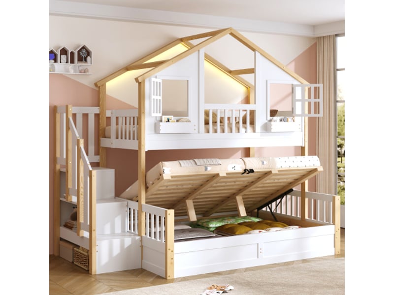  Lit superposé avec lit bas hydraulique en bois massif, 90x200+140x200 cm, avec escalier rangement et éclairage led, forme fenêtre, blanc et naturel ABC - Conforama D