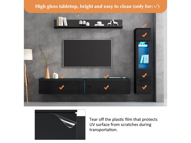  Ensemble meuble tv mural noir 3 pièces avec éclairage led, vitrine et étagère suspendue, pour téléviseur jusqu'à 80 pouces  - Conforama R