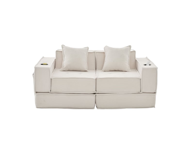  Canapé droit 2 places avec poches latérales et 2 coussins  - assise enveloppante, velours côtelé beige  - Conforama A