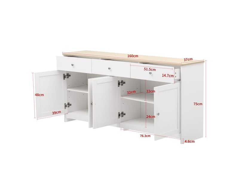  Commode quatre portes et trois tiroirs, 160 x 37 x 75 cm, avec étagères réglables, design de style rustique, finition bois et blanc  - Conforama C