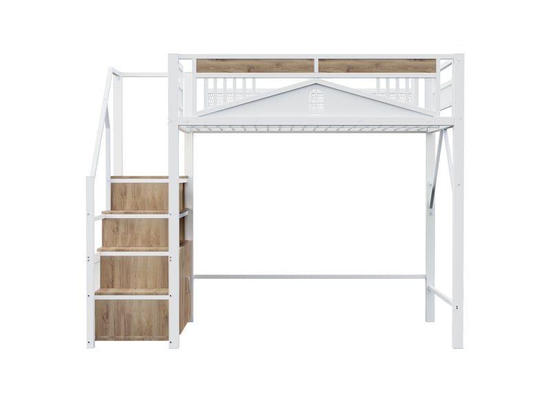 Lit mezzanine 140x200 cm, métal blanc, coffre sécurisé, échelle hélicoïdale et fenêtré - Conforama D