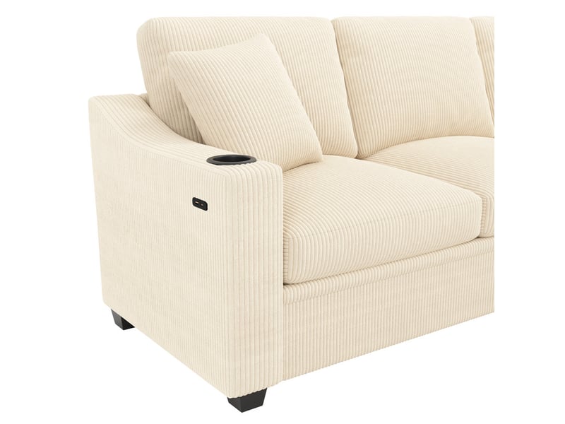 Canapé d'angle convertible,6 places, avec port de charge rapide usbtype-c, 2 porte-gobelets et 2 coussins,277 x 215 x 85 cm,beige - Conforama E