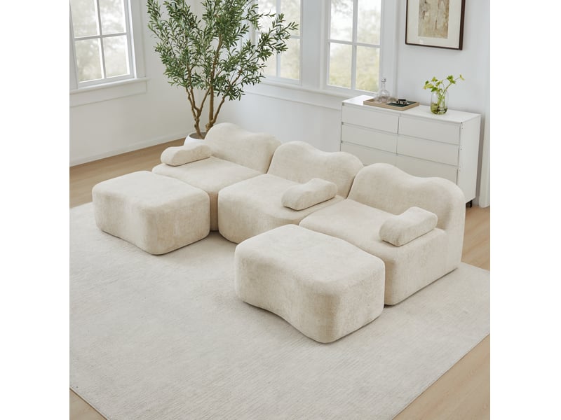  Canapé modulable 3 places en u avec 2 ottomans en velours beige  - Conforama B