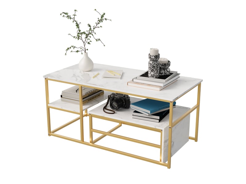  Table basse gigogne 10560cm blanc et doré - design moderne avec plateau effet marbre et étagère de rangement  - Conforama A