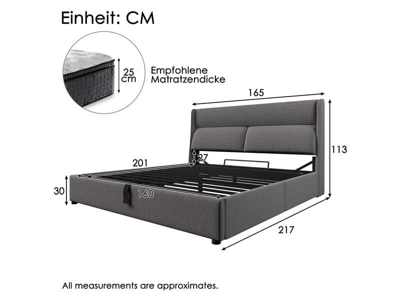  Lit coffre double 160×200 cm, tête de lit réglable et rangement - okmyhome- gris, matelas inclus en lin  - Conforama D