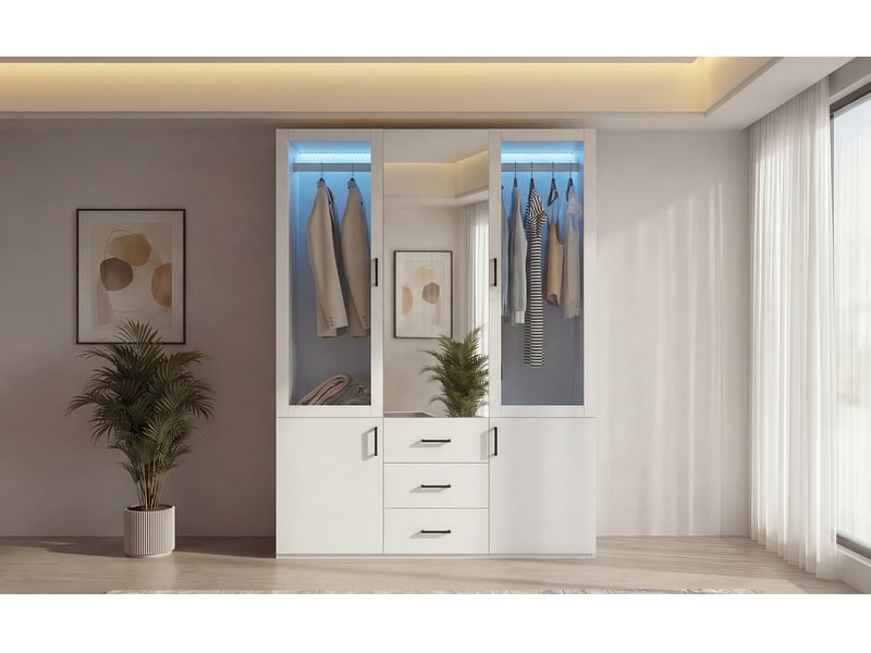  Armoire avec éclairage led et miroir, 4 portes et 3 tiroirs, 130x52x182 cm, design moderne, blanc  - Conforama D
