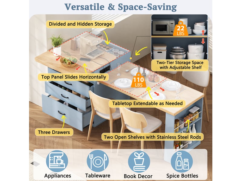  Table extensible avec rangements, led et charge usb type-c pour cuisine et salle à manger, 125,5 × 71 × 93 cm  - Conforama E