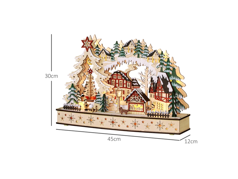  Village de noël lumineux, village de noël animé en bois, avec 20 led, paysage enneigé, 45l x 12l x 30h cm, bois naturel  - Conforama E