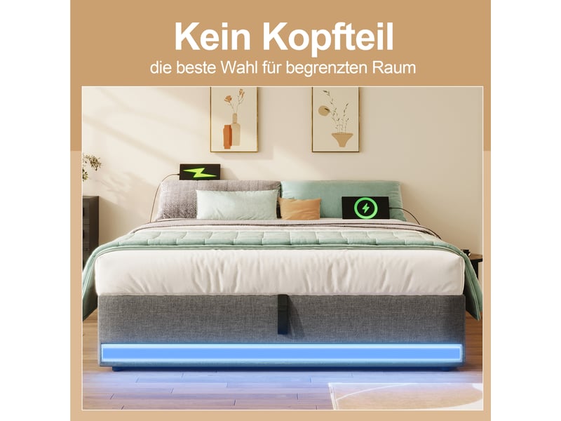  Lit capitonné 140*200cm, gris, sans matelas, led, usb type-c, rangement latéral, relevage hydraulique  - Conforama D